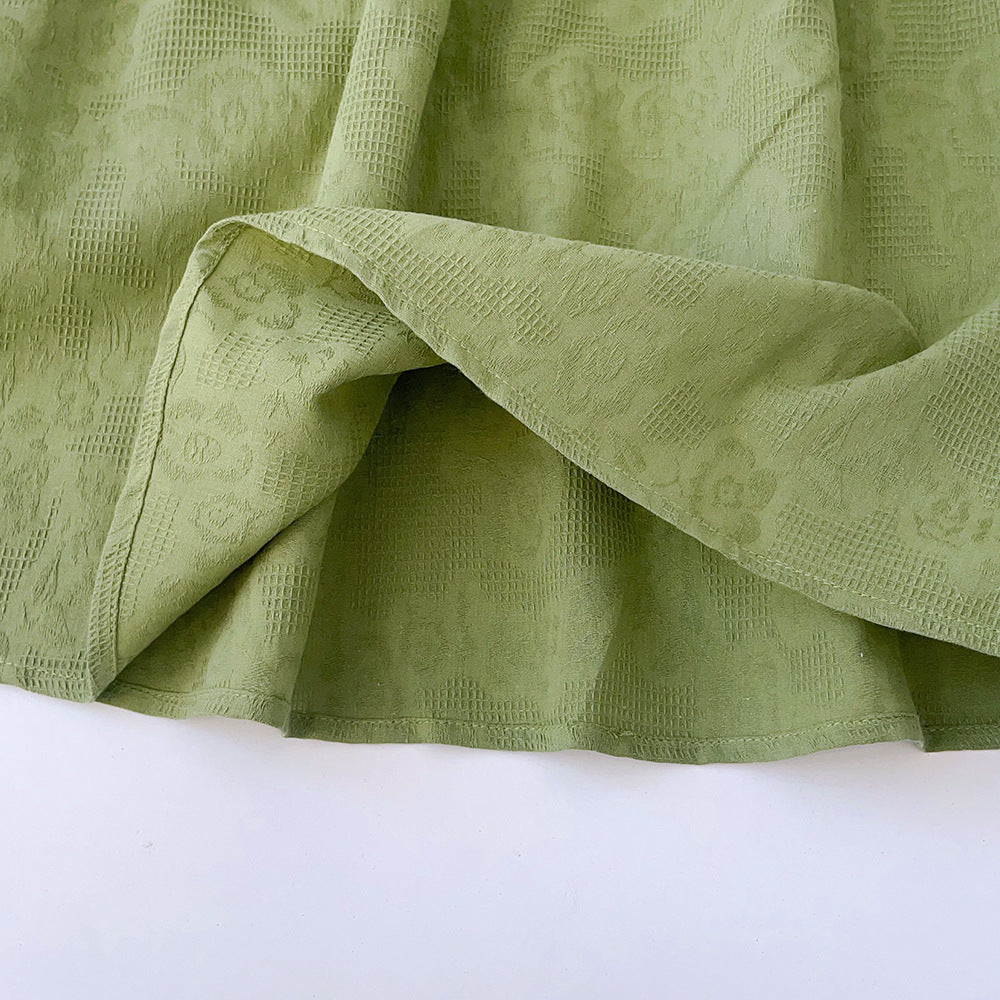 Girls Green Round Neck Corsage Cotton A-Line Dress