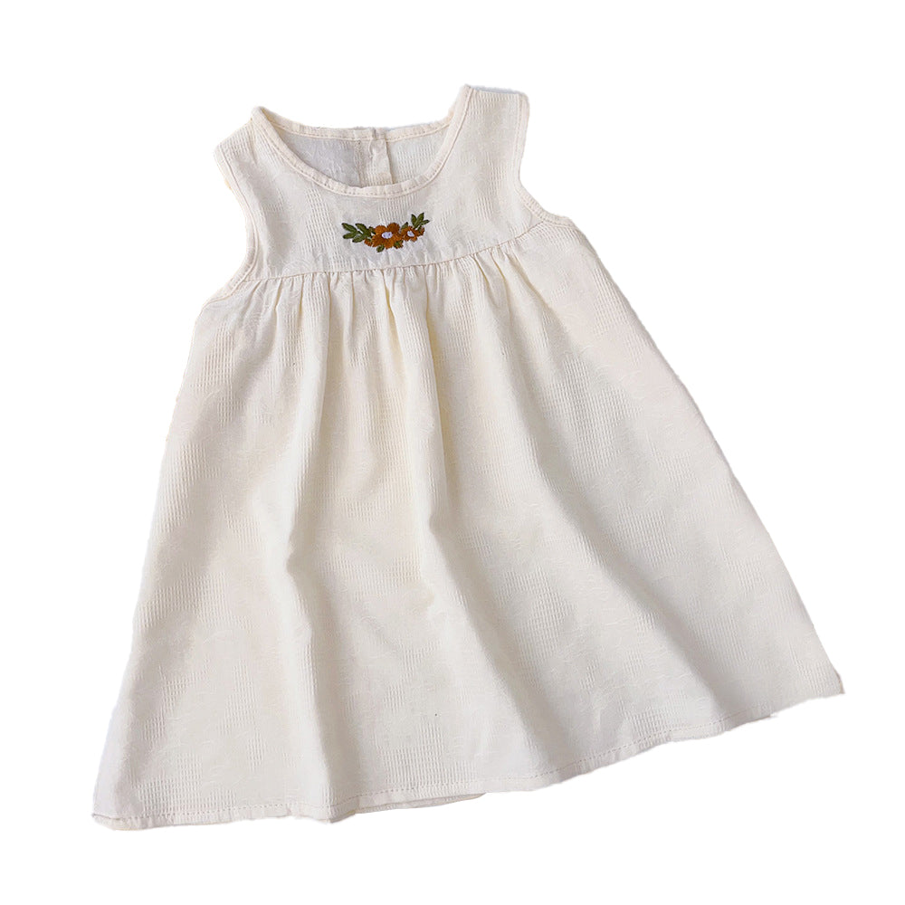 Girls Beige Self Design Embroidered Cotton A-Line Dress
