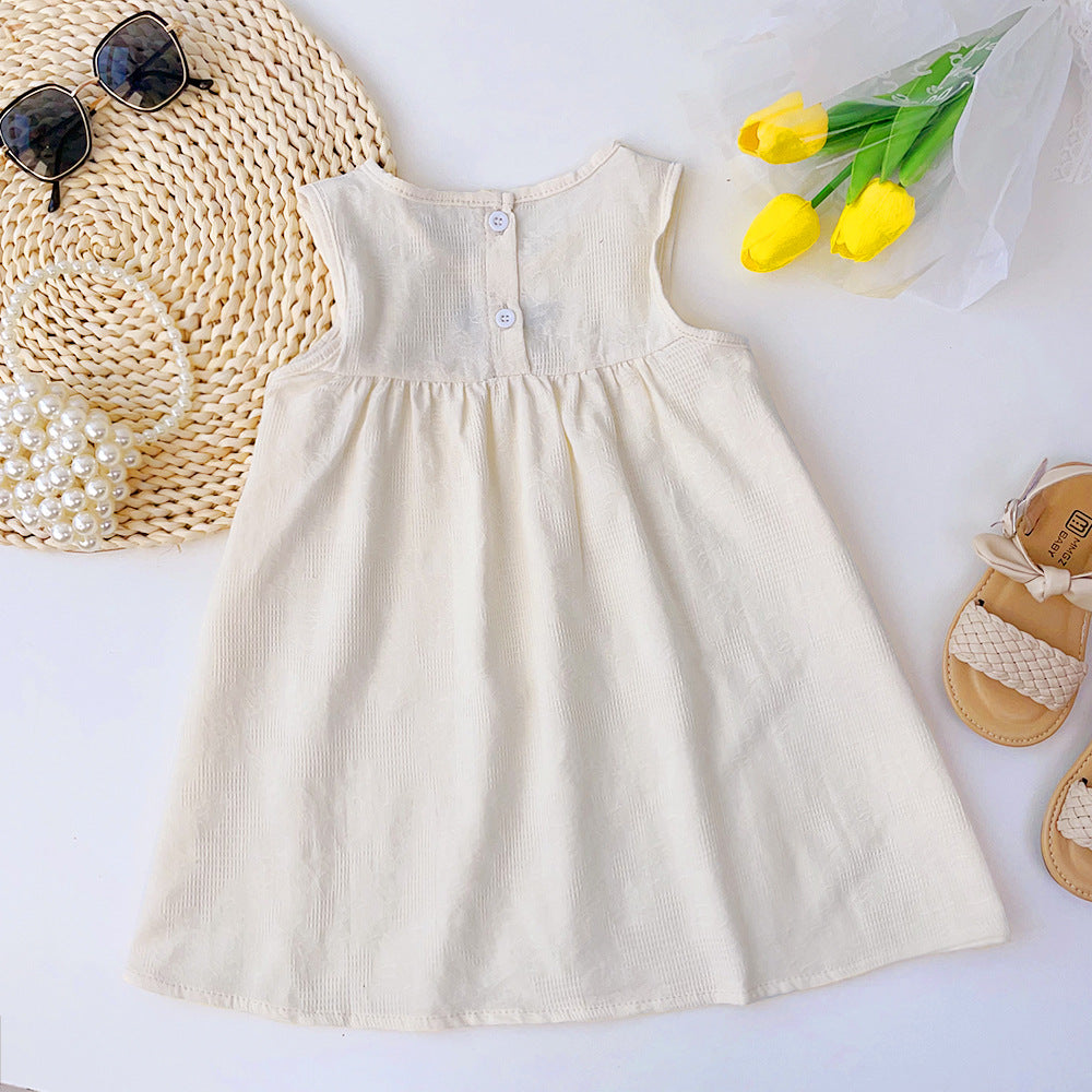 Girls Beige Self Design Embroidered Cotton A-Line Dress