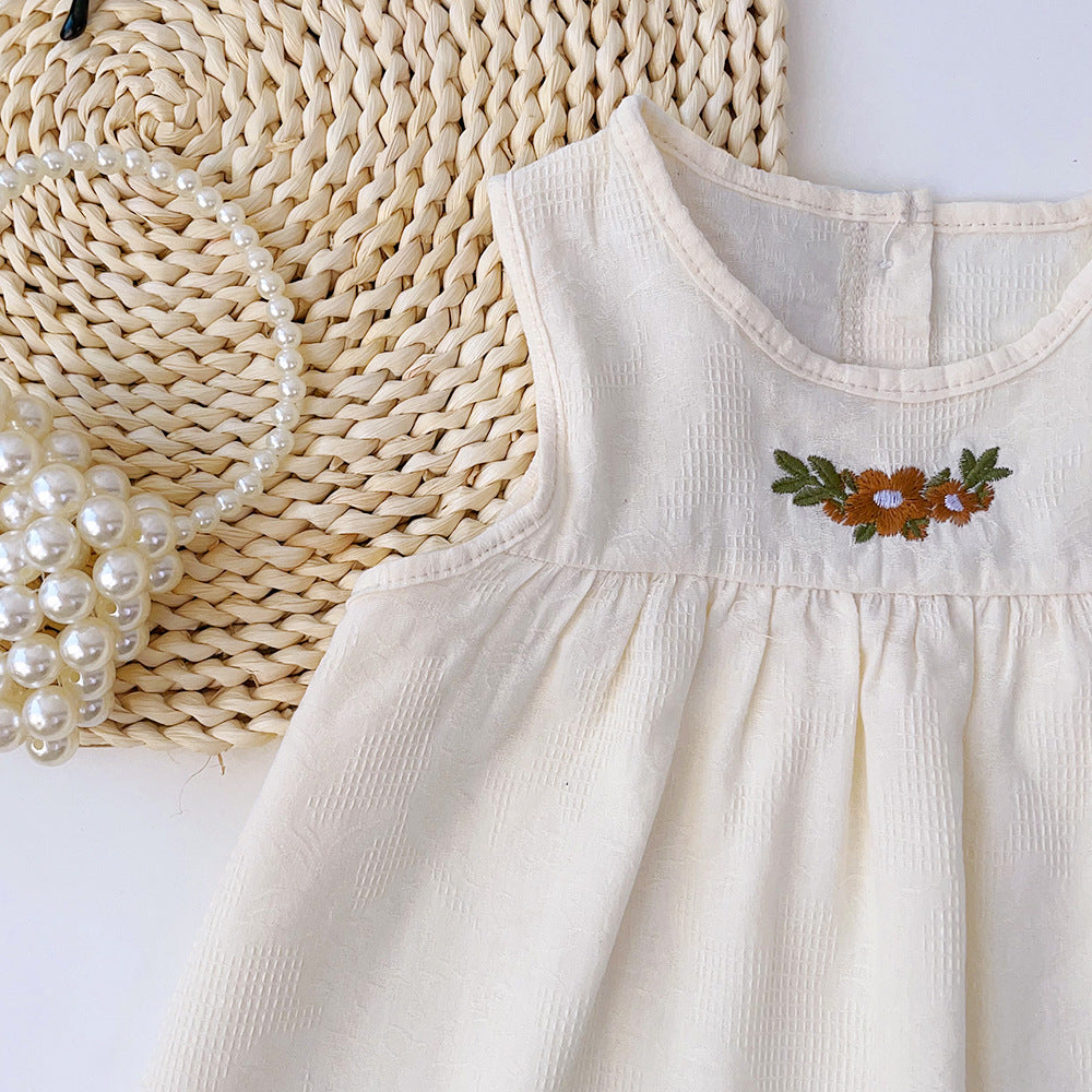 Girls Beige Self Design Embroidered Cotton A-Line Dress