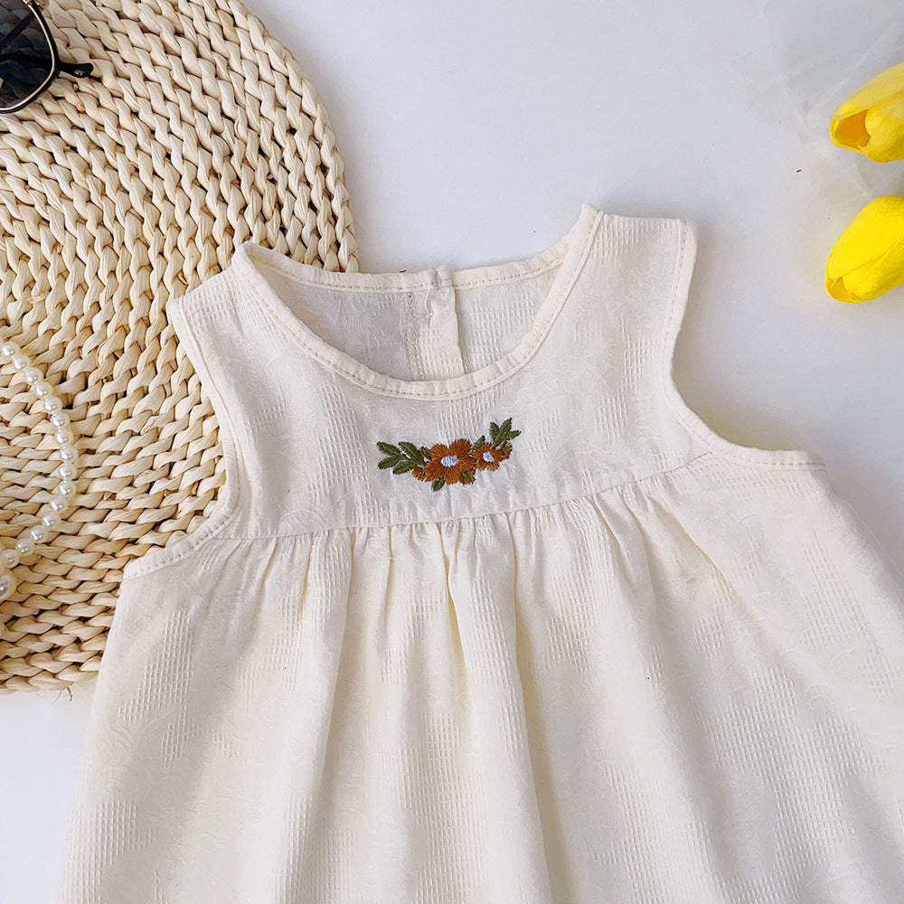 Girls Beige Self Design Embroidered Cotton A-Line Dress