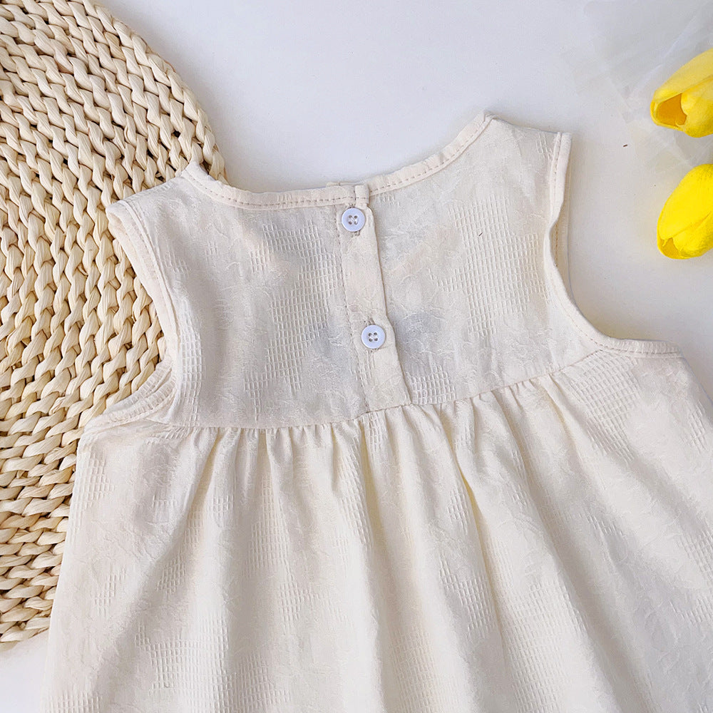 Girls Beige Self Design Embroidered Cotton A-Line Dress
