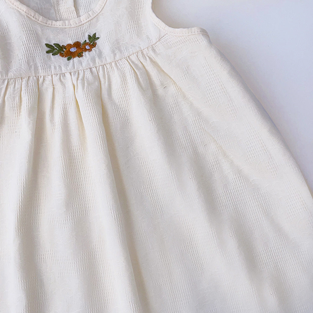 Girls Beige Self Design Embroidered Cotton A-Line Dress
