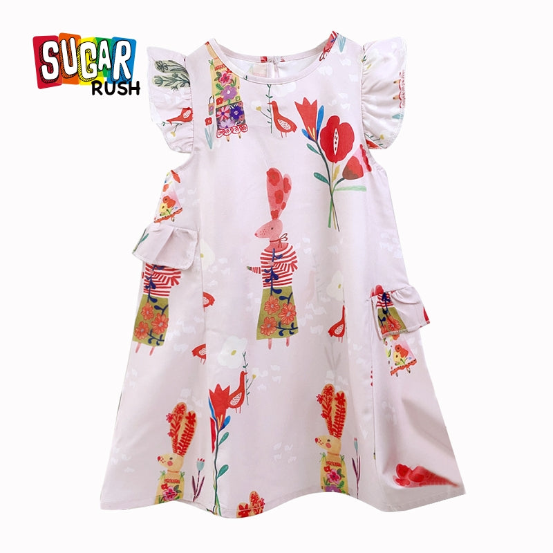 Girls Graphic Printed Flutter Sleeves Fit & Flare Midi Dress