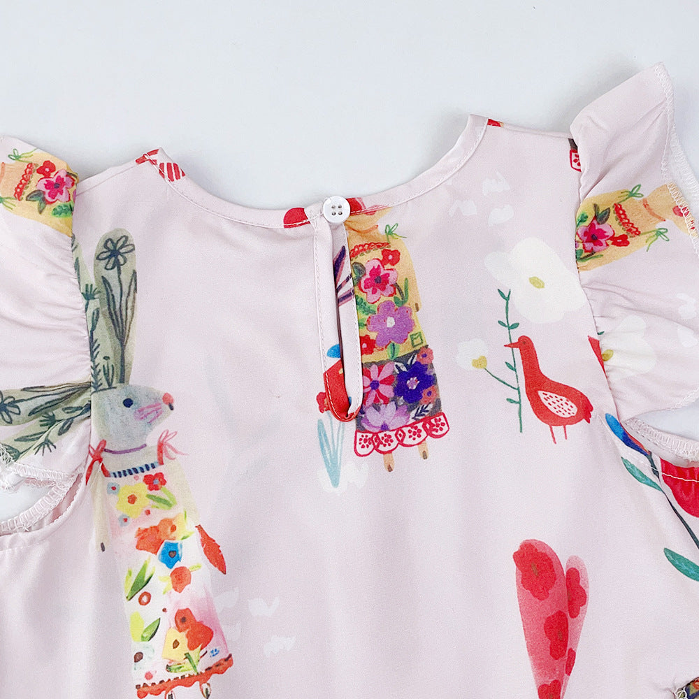 Girls Graphic Printed Flutter Sleeves Fit & Flare Midi Dress