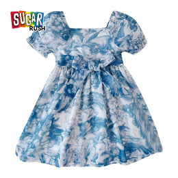 Girls Tie and Dye Printed Square Neck Puff Sleeve Fit & Flare Dress