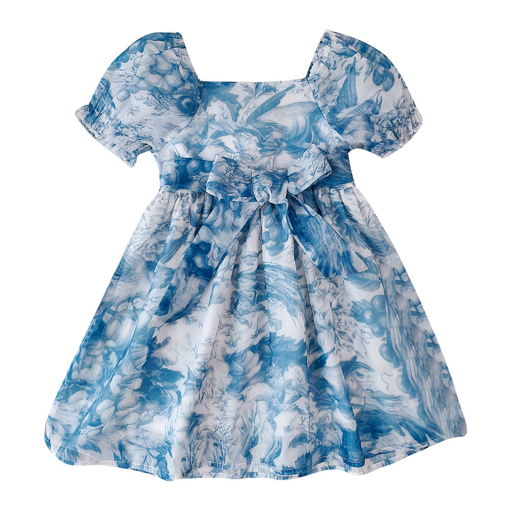 Girls Tie and Dye Printed Square Neck Puff Sleeve Fit & Flare Dress