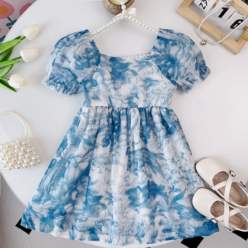 Girls Tie and Dye Printed Square Neck Puff Sleeve Fit & Flare Dress