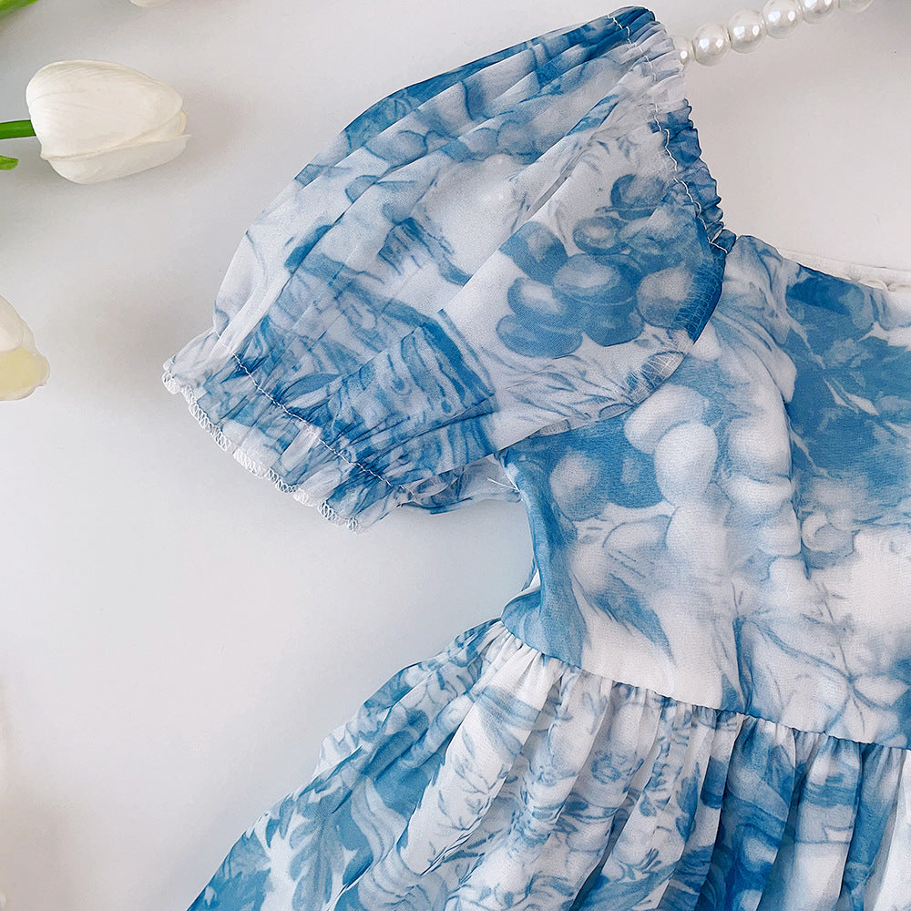 Girls Tie and Dye Printed Square Neck Puff Sleeve Fit & Flare Dress
