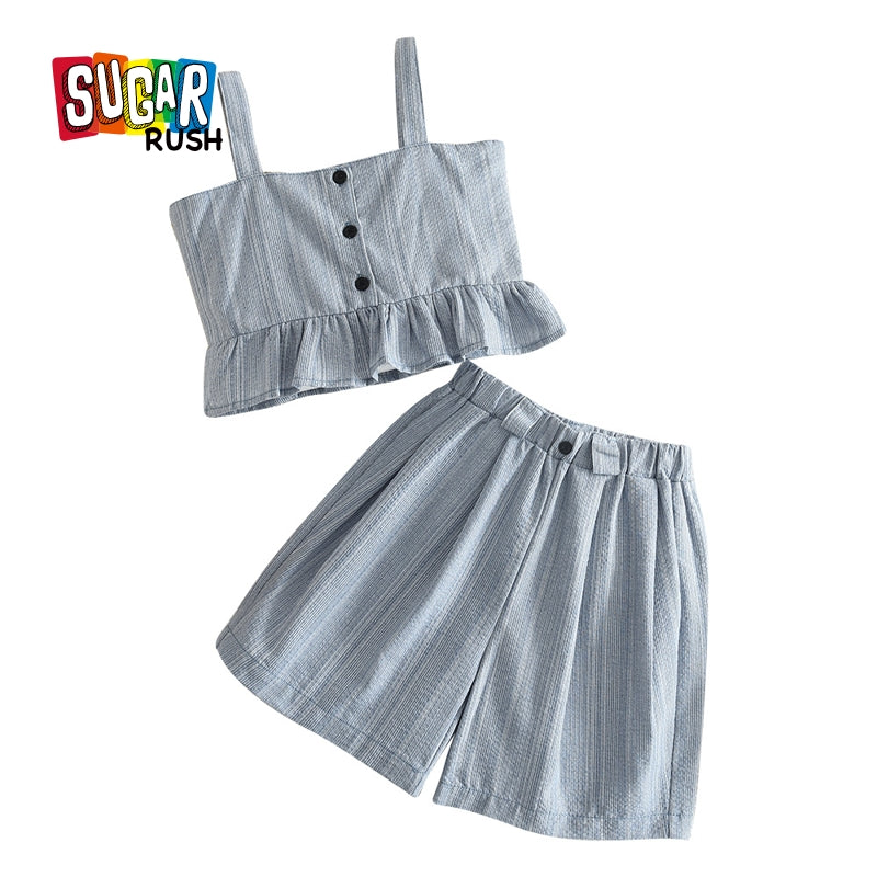 Girls Grey Shoulder Strap Top with Skirt