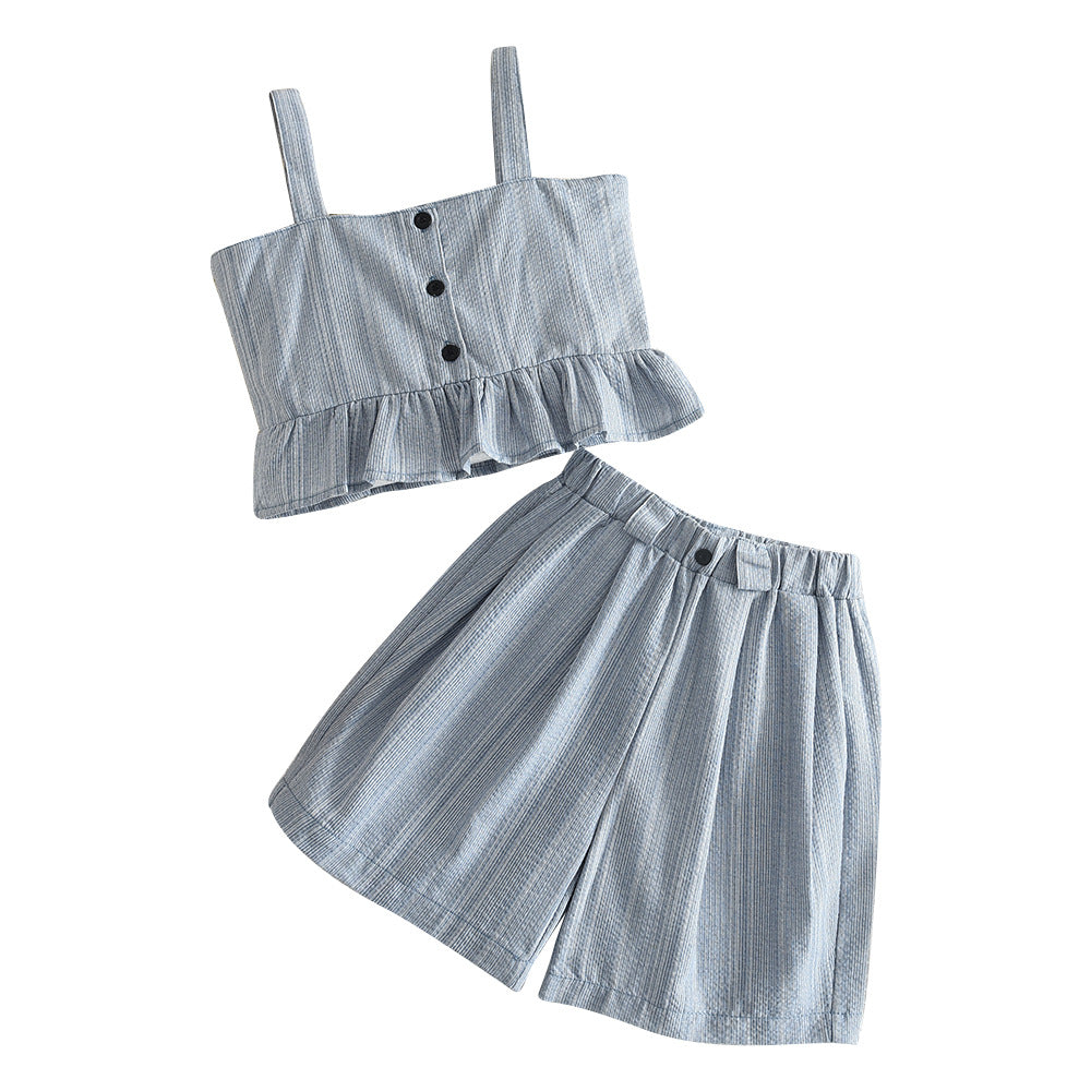 Girls Grey Shoulder Strap Top with Skirt