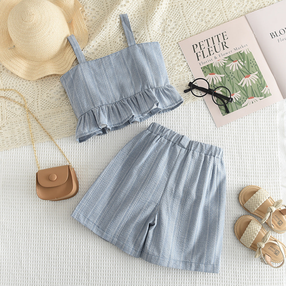 Girls Grey Shoulder Strap Top with Skirt