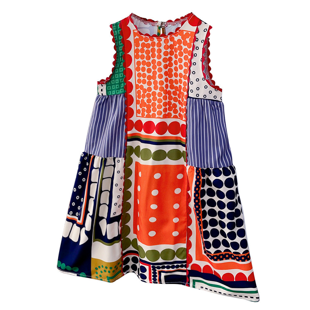 Girls Geometric Printed Round Neck A-Line Maxi Dress