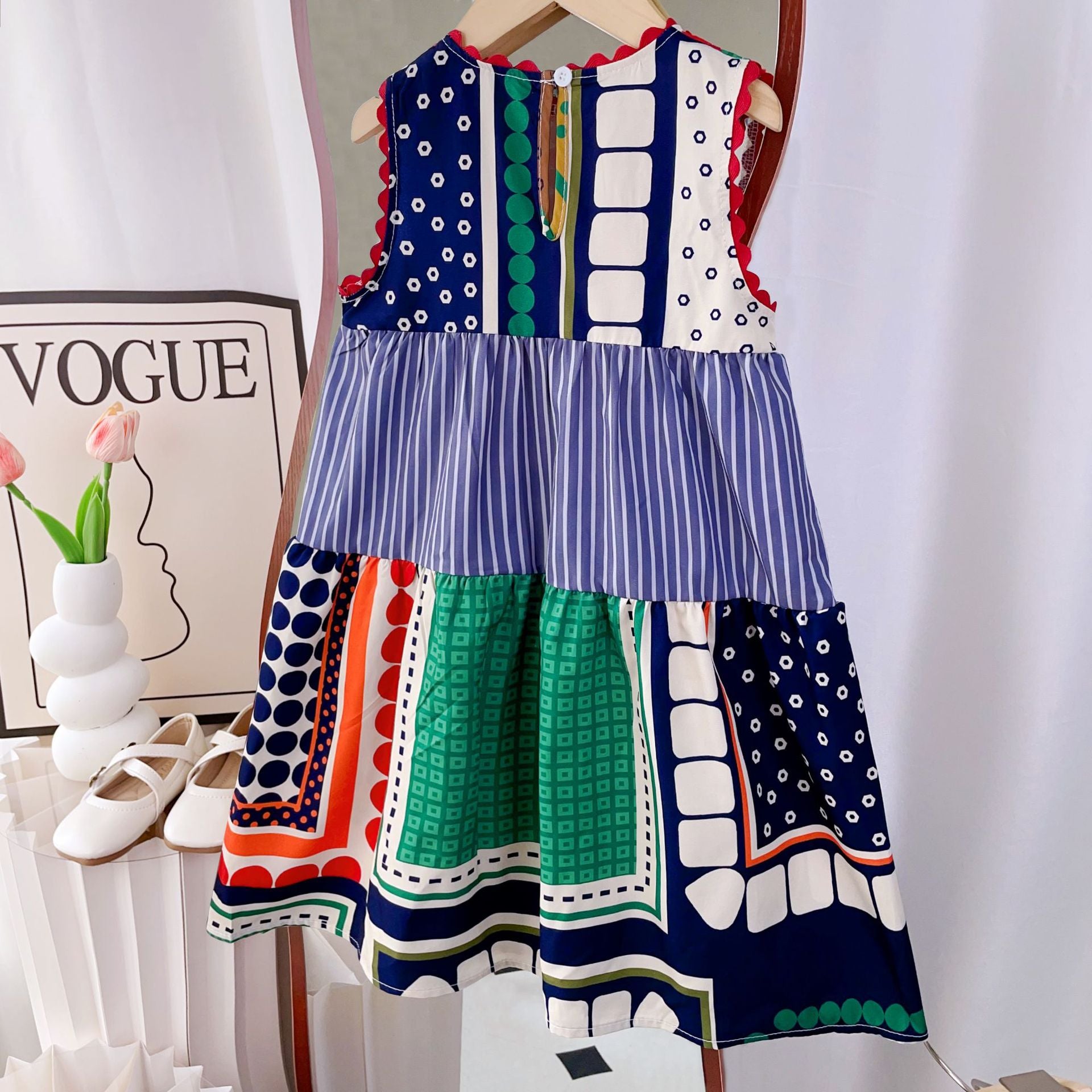 Girls Geometric Printed Round Neck A-Line Maxi Dress