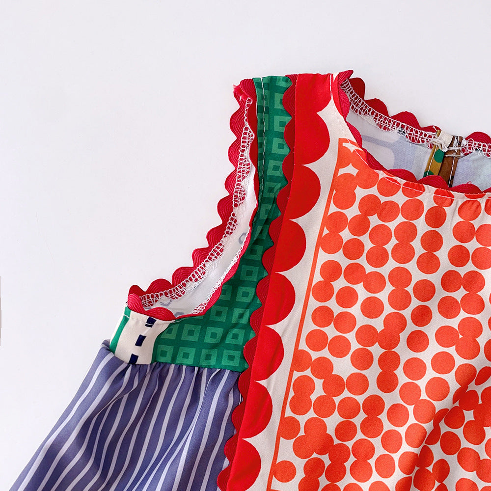 Girls Geometric Printed Round Neck A-Line Maxi Dress