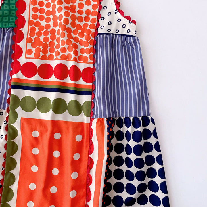 Girls Geometric Printed Round Neck A-Line Maxi Dress