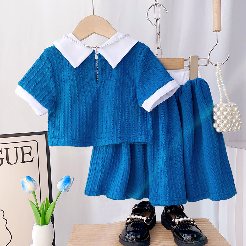 Girls Shirt Collar Colourblocked Top with Skirt