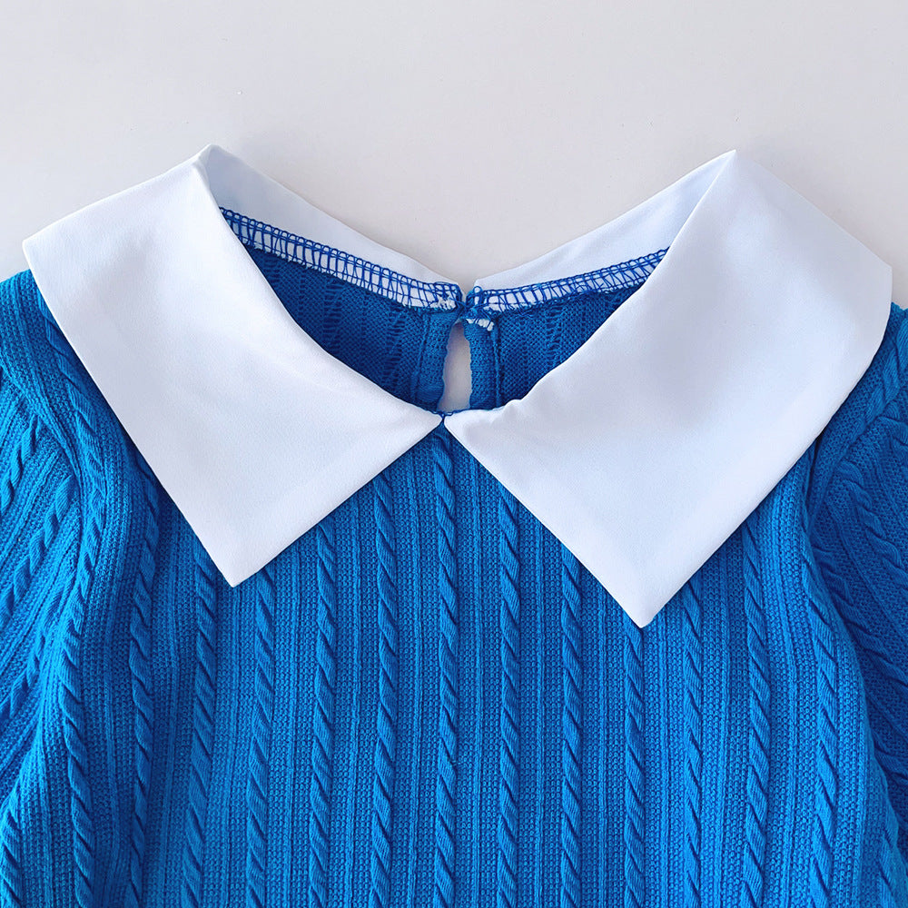 Girls Shirt Collar Colourblocked Top with Skirt