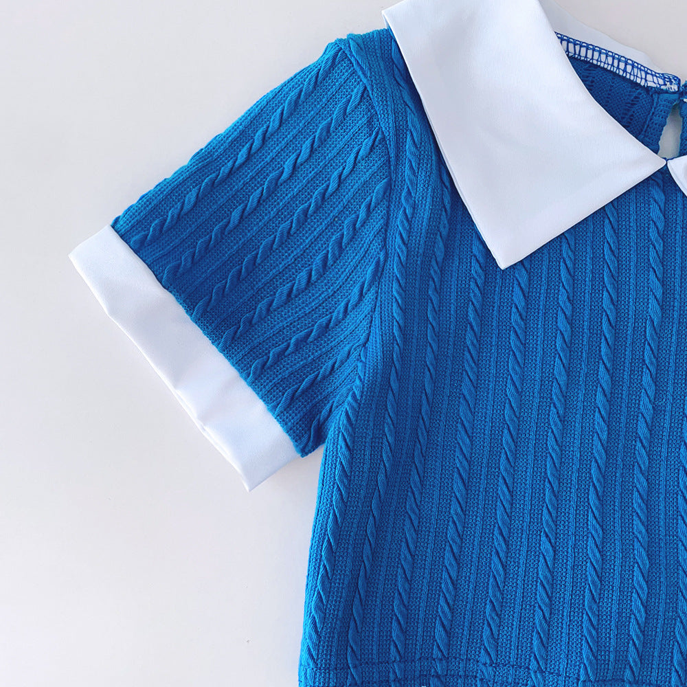 Girls Shirt Collar Colourblocked Top with Skirt