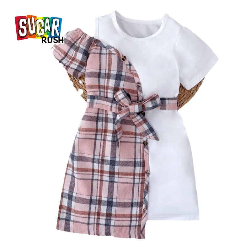 Checked Round Neck Cotton Wrap Dress