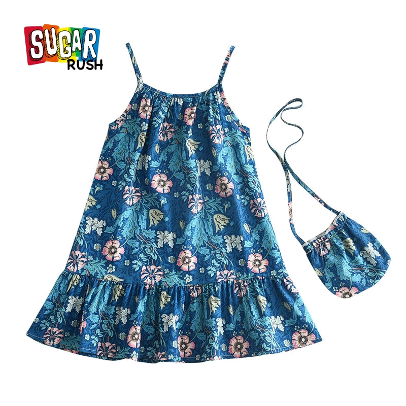 Girls Blue Floral Printed Layered A-Line Dress