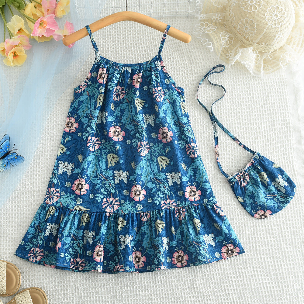 Girls Blue Floral Printed Layered A-Line Dress