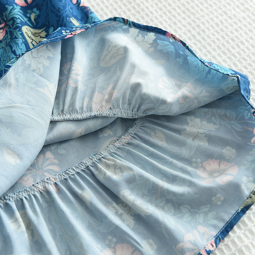 Girls Blue Floral Printed Layered A-Line Dress