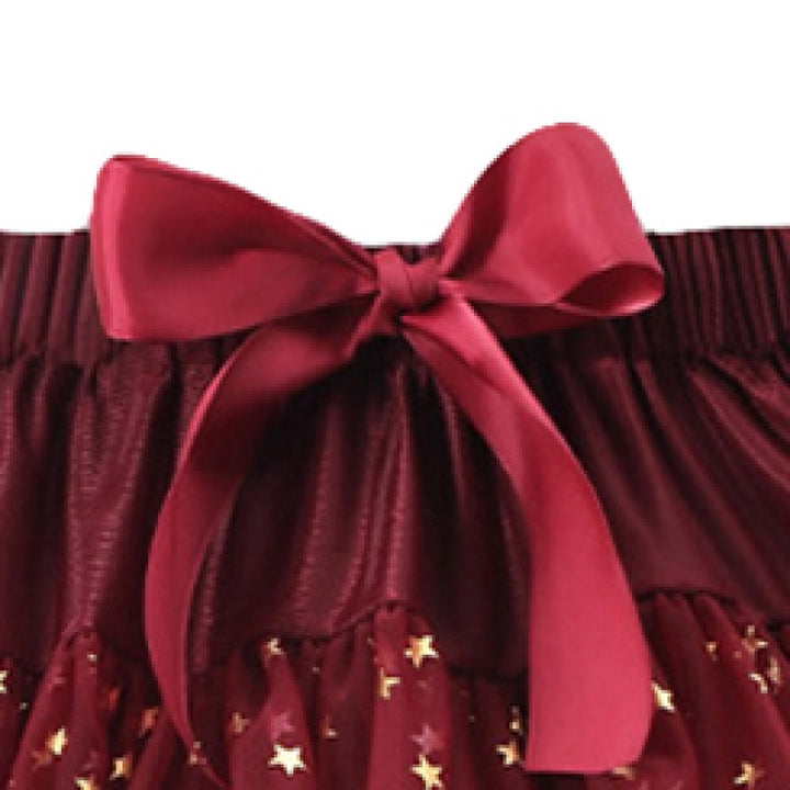 Girls Maroon Geometric Printed Gathered Detailed Mini Tiered Skirt