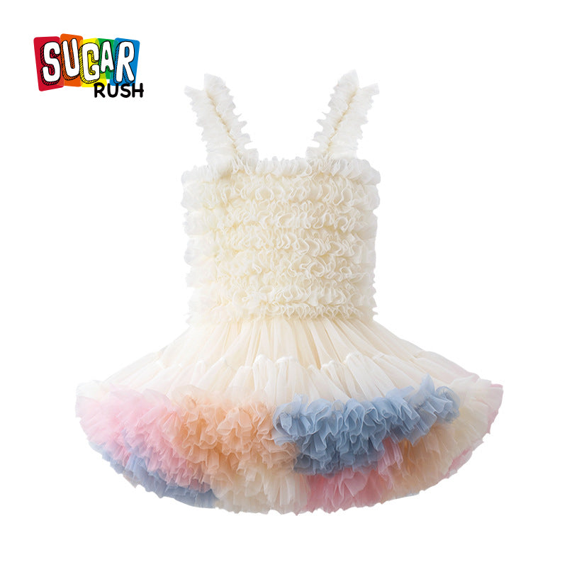 Girls Cream-Coloured Shoulder Straps Ruffled Tulle Fit & Flare Dress