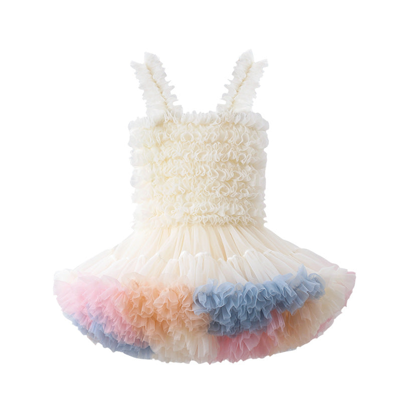 Girls Cream-Coloured Shoulder Straps Ruffled Tulle Fit & Flare Dress