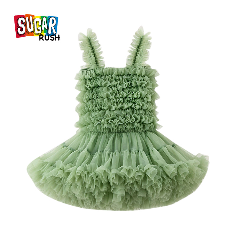 Girls Green Shoulder Straps Ruffled Tulle Fit & Flare Dress
