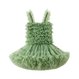 Girls Green Shoulder Straps Ruffled Tulle Fit & Flare Dress