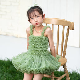 Girls Green Shoulder Straps Ruffled Tulle Fit & Flare Dress