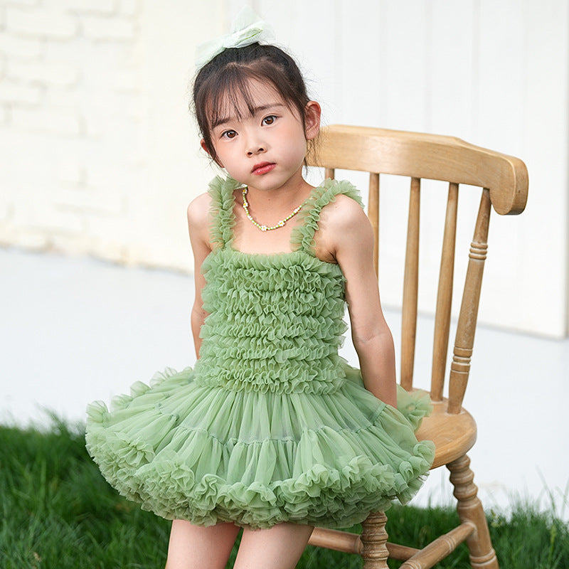 Girls Green Shoulder Straps Ruffled Tulle Fit & Flare Dress