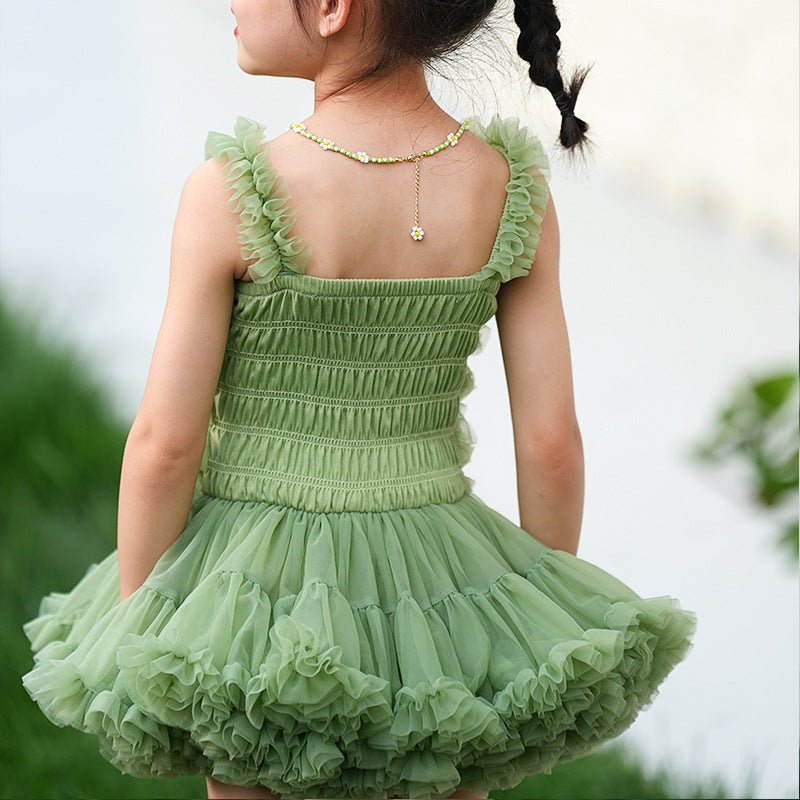 Girls Green Shoulder Straps Ruffled Tulle Fit & Flare Dress