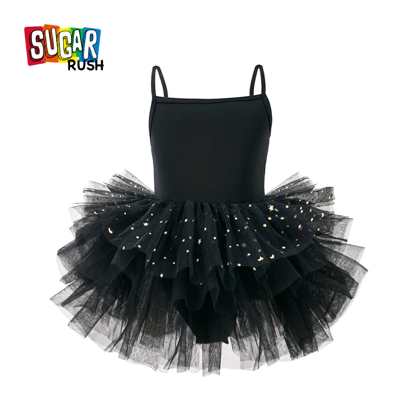 Girls Black Shoulder Strap Sequined Cotton Balloon Dress