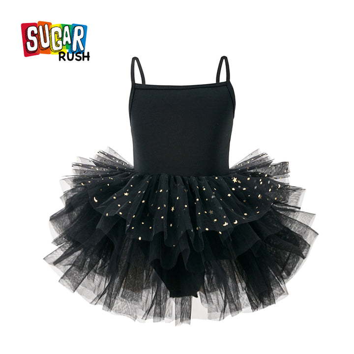 Girls Black Shoulder Strap Sequined Cotton Balloon Dress