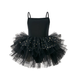 Girls Black Shoulder Strap Sequined Cotton Balloon Dress