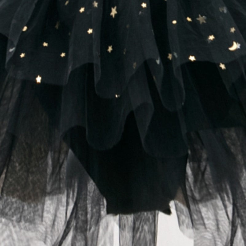 Girls Black Shoulder Strap Sequined Cotton Balloon Dress
