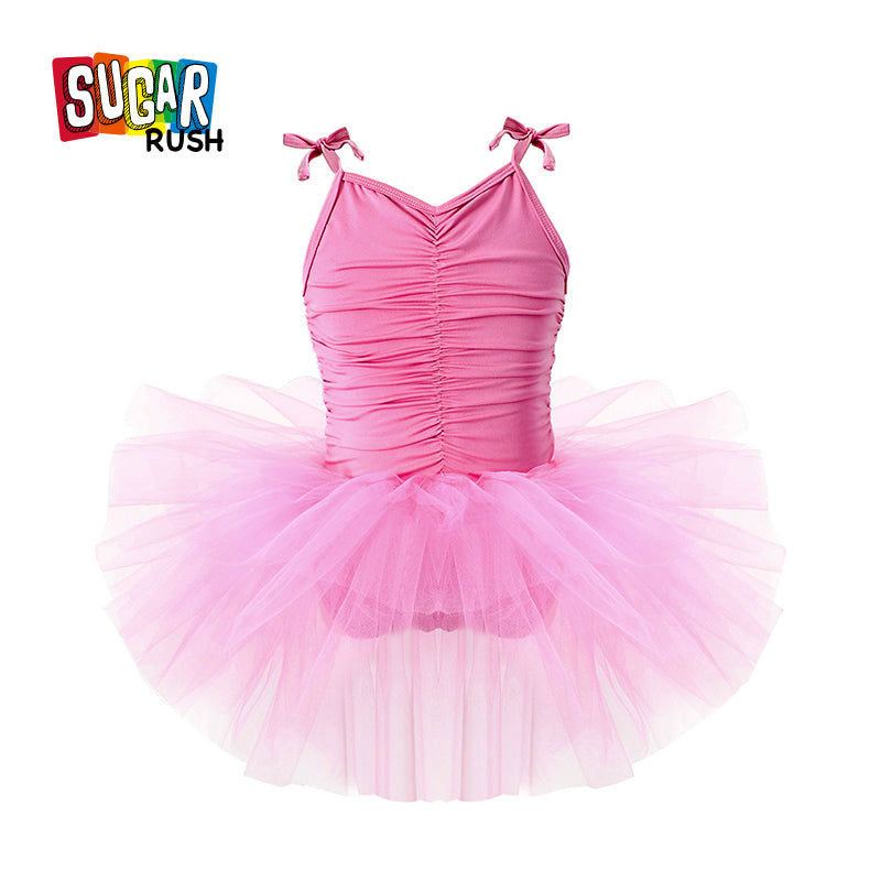 Girls Fuchsia Shoulder Strap Cotton Pleated Balloon Dress