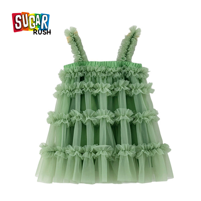 Girls Green Shoulder Straps Ruffles Tiered Cotton A-Line Dress