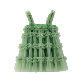 Girls Green Shoulder Straps Ruffles Tiered Cotton A-Line Dress