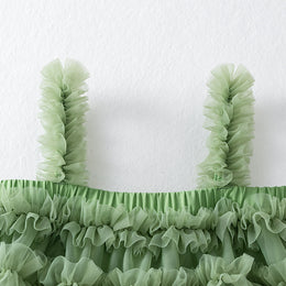 Girls Green Shoulder Straps Ruffles Tiered Cotton A-Line Dress