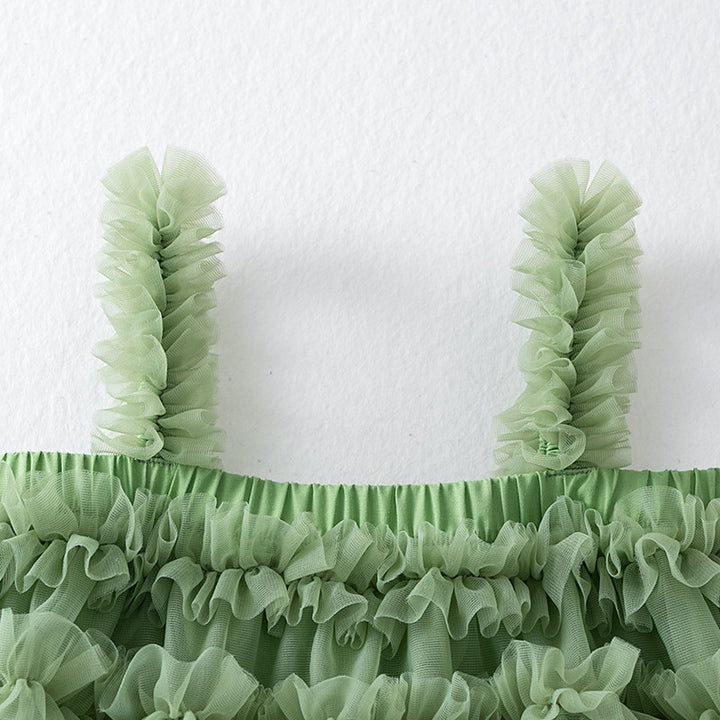 Girls Green Shoulder Straps Ruffles Tiered Cotton A-Line Dress