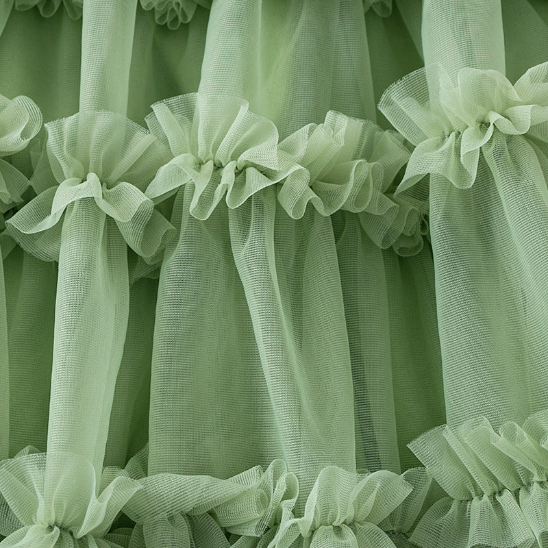 Girls Green Shoulder Straps Ruffles Tiered Cotton A-Line Dress