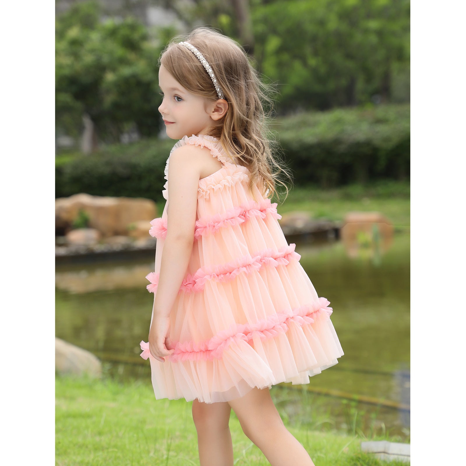 Girls Square Neck Sleeveless Ruffled Fit and Flare Dress