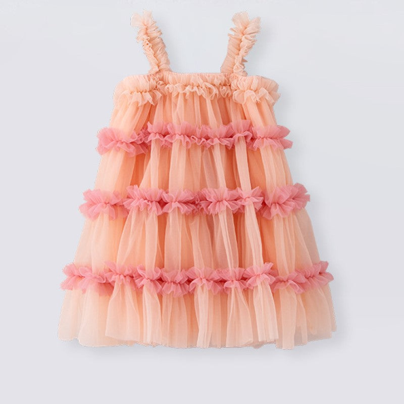 Girls Square Neck Sleeveless Ruffled Fit and Flare Dress