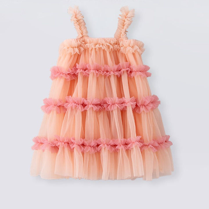Girls Square Neck Sleeveless Ruffled Fit and Flare Dress