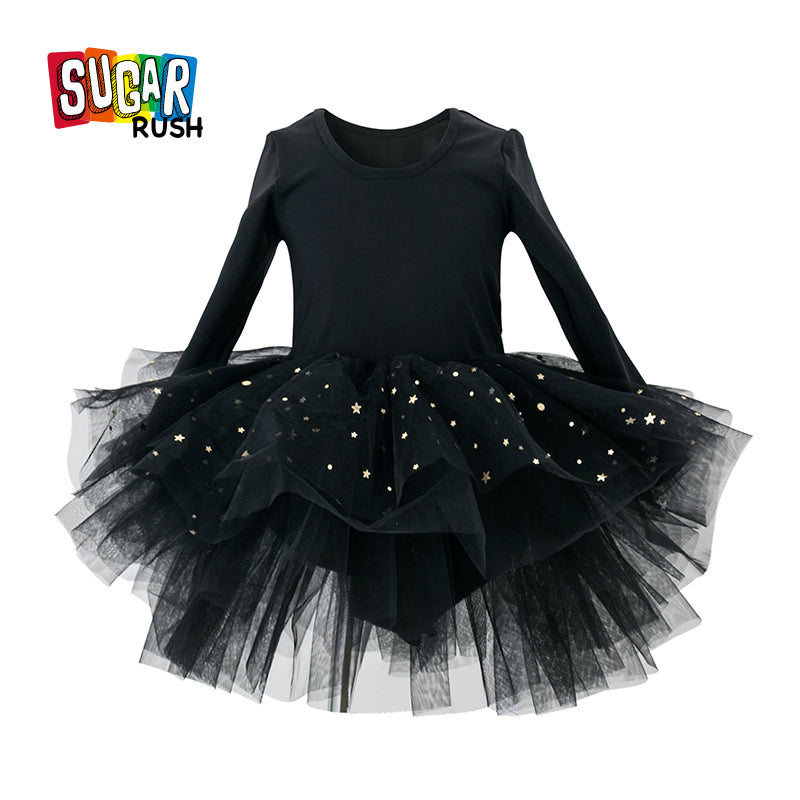 Girls Black Embellished Fit & Flare Cotton Dress