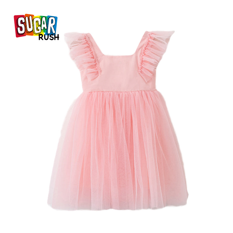 Girls Pink Square Neck Ruffled A-Line Cotton Dress